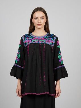 CALE Black Long-Sleeve Embroidered Tunic with Pink & Teal Floral Yoke